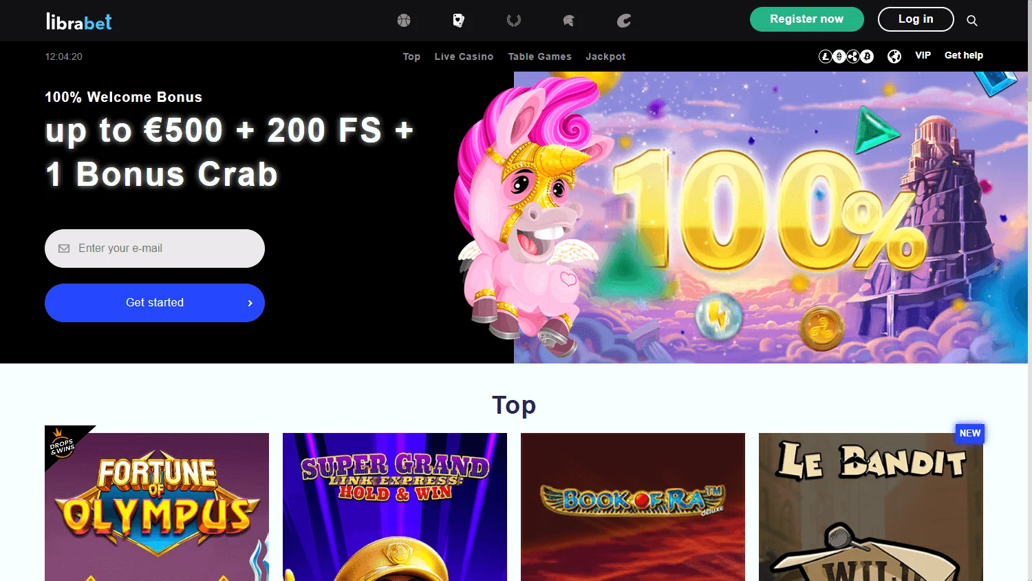 Librabet Casino desktop games screen with pokies, live casino and table game categories