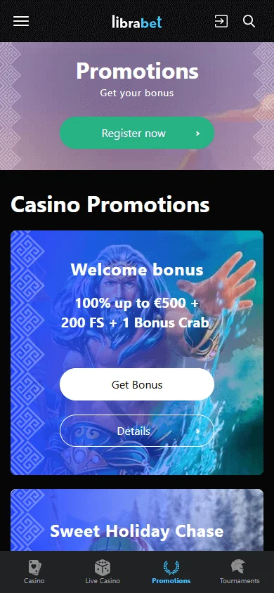 Librabet Casino mobile browser promotions screen with bonus offers