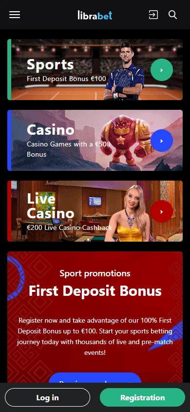 Librabet Casino mobile browser home screen with casino offers