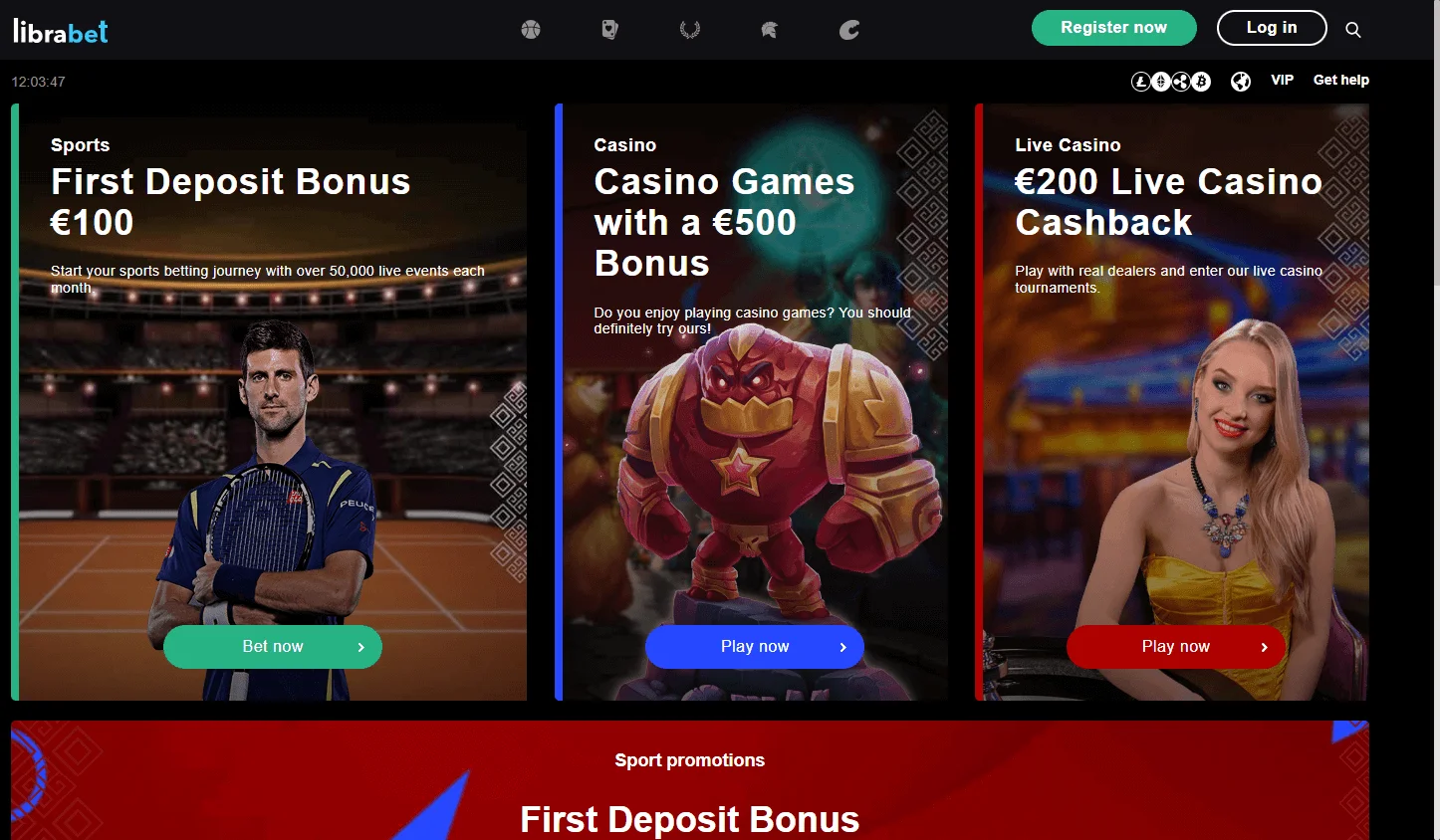 Librabet Casino desktop home screen with casino offers and account options