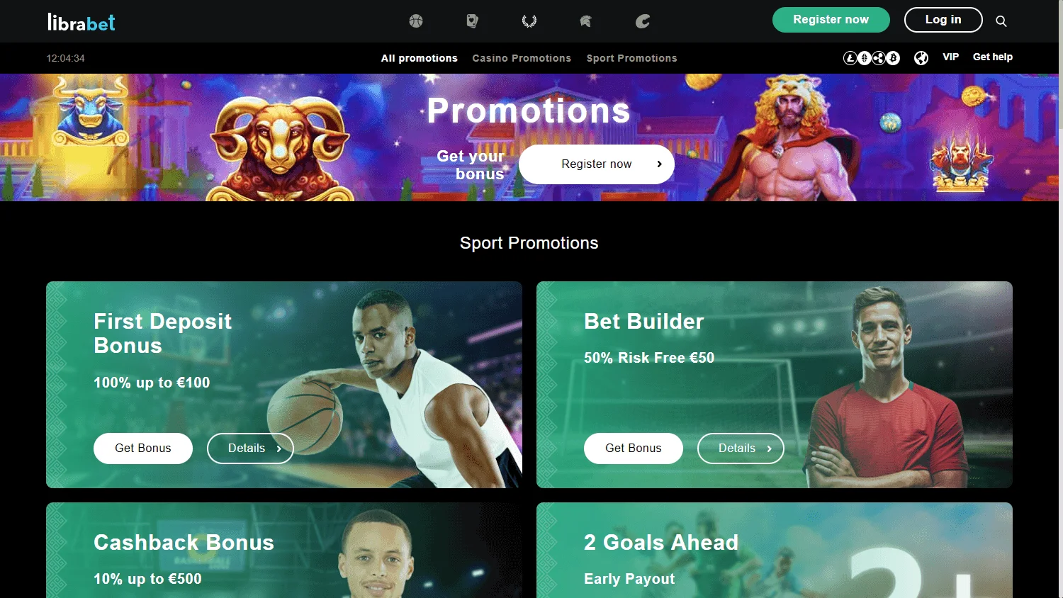 Librabet Casino desktop promotions screen with the welcome match and free spins offer